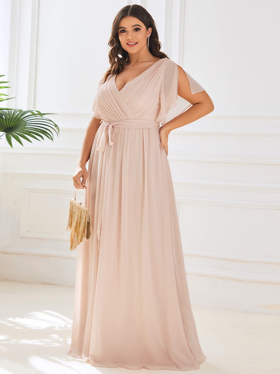 A-Line Pleated Chiffon Tie-Waist Evening Dress #color_Blush