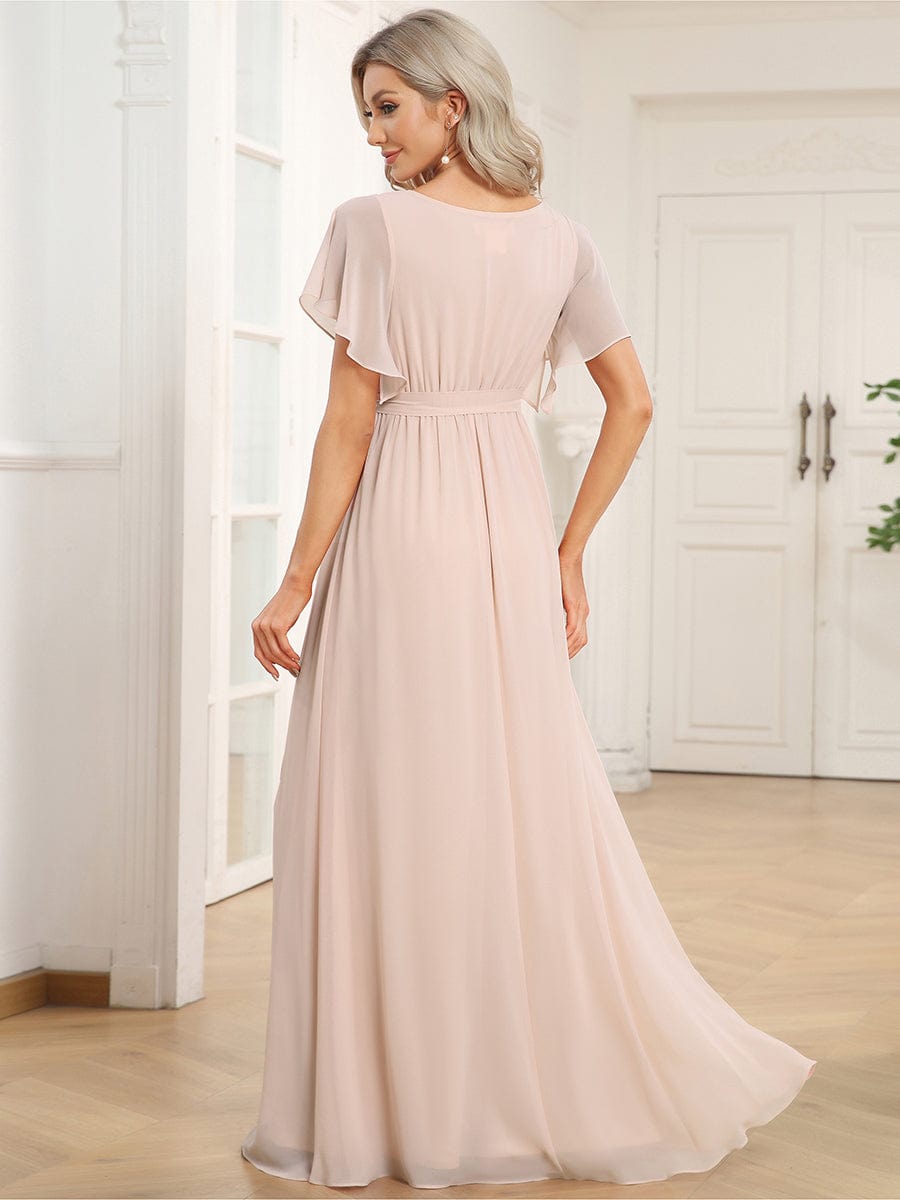 A-Line Pleated Chiffon Tie-Waist Evening Dress #color_Blush