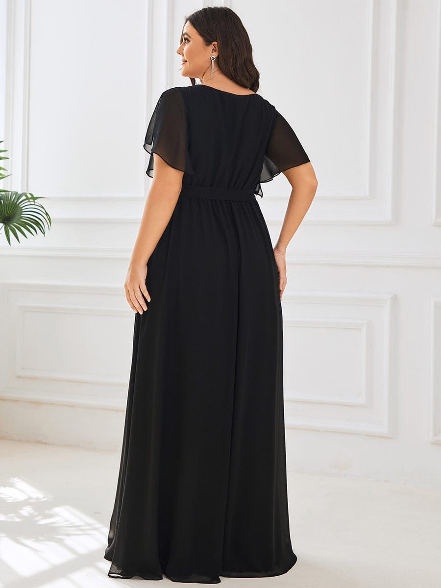 Plus Size Ruffle Pleated Chiffon Tie-Waist Evening Dress #color_Black