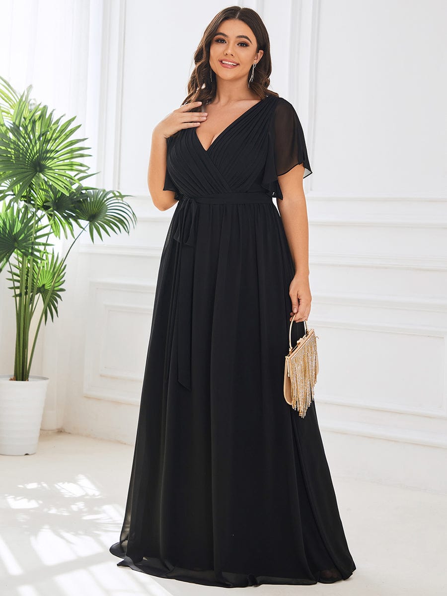 Plus Size Ruffle Pleated Chiffon Tie-Waist Evening Dress #color_Black