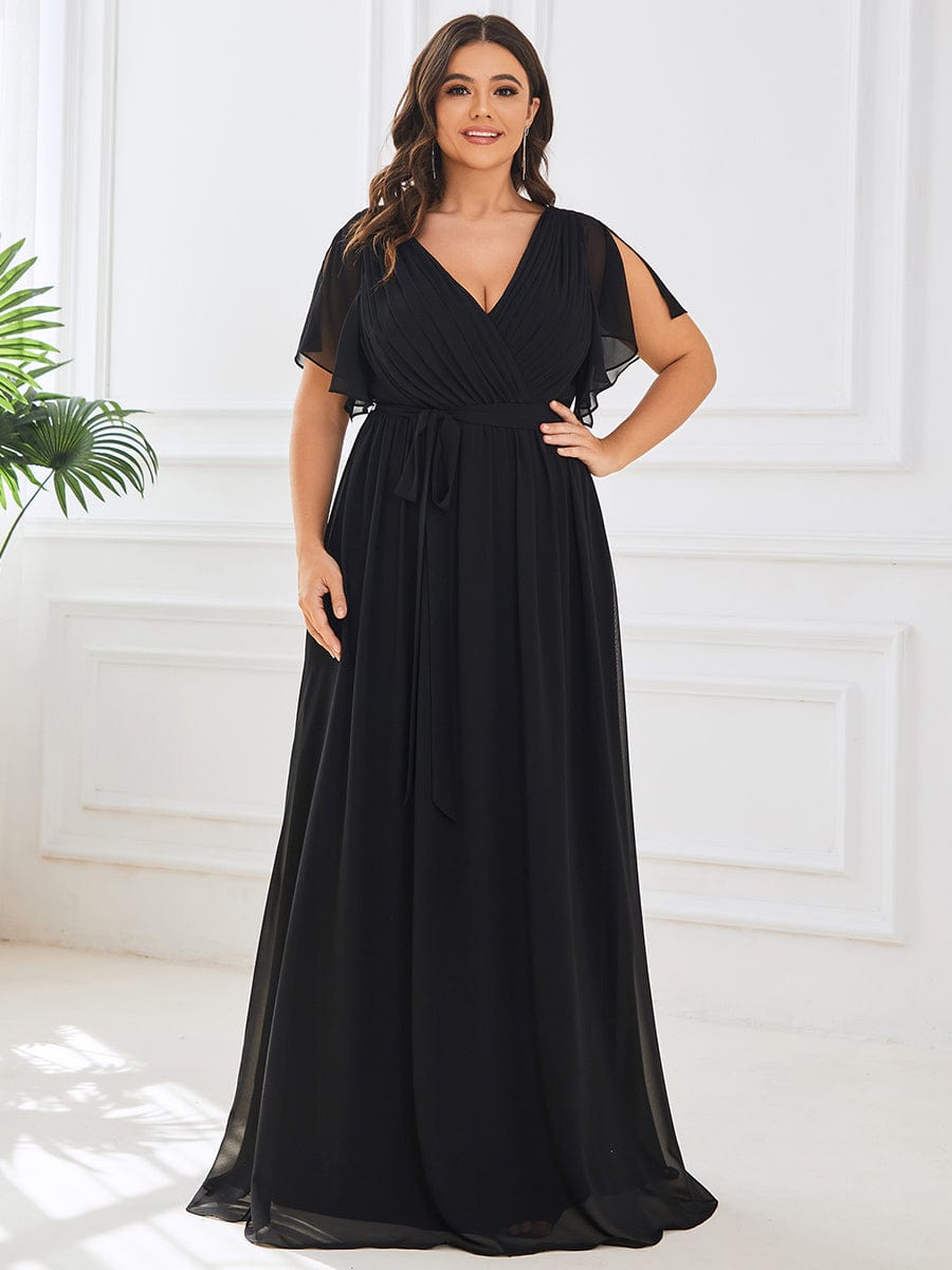 Plus Size Ruffle Sleeve V Neck Tie Waist Chiffon Evening Dress Ever Pretty US