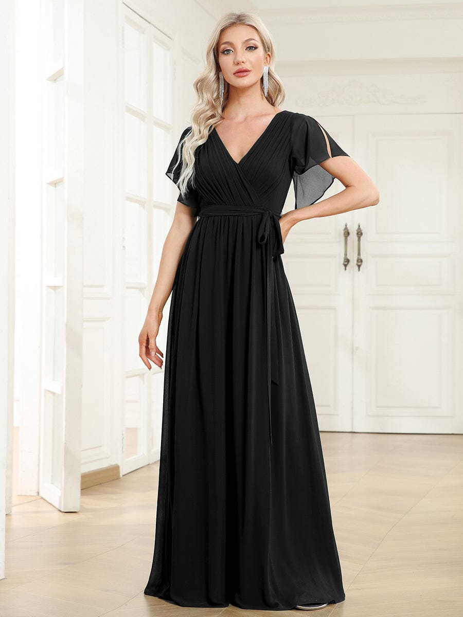 A-Line Pleated Chiffon Tie-Waist Evening Dress #color_Black