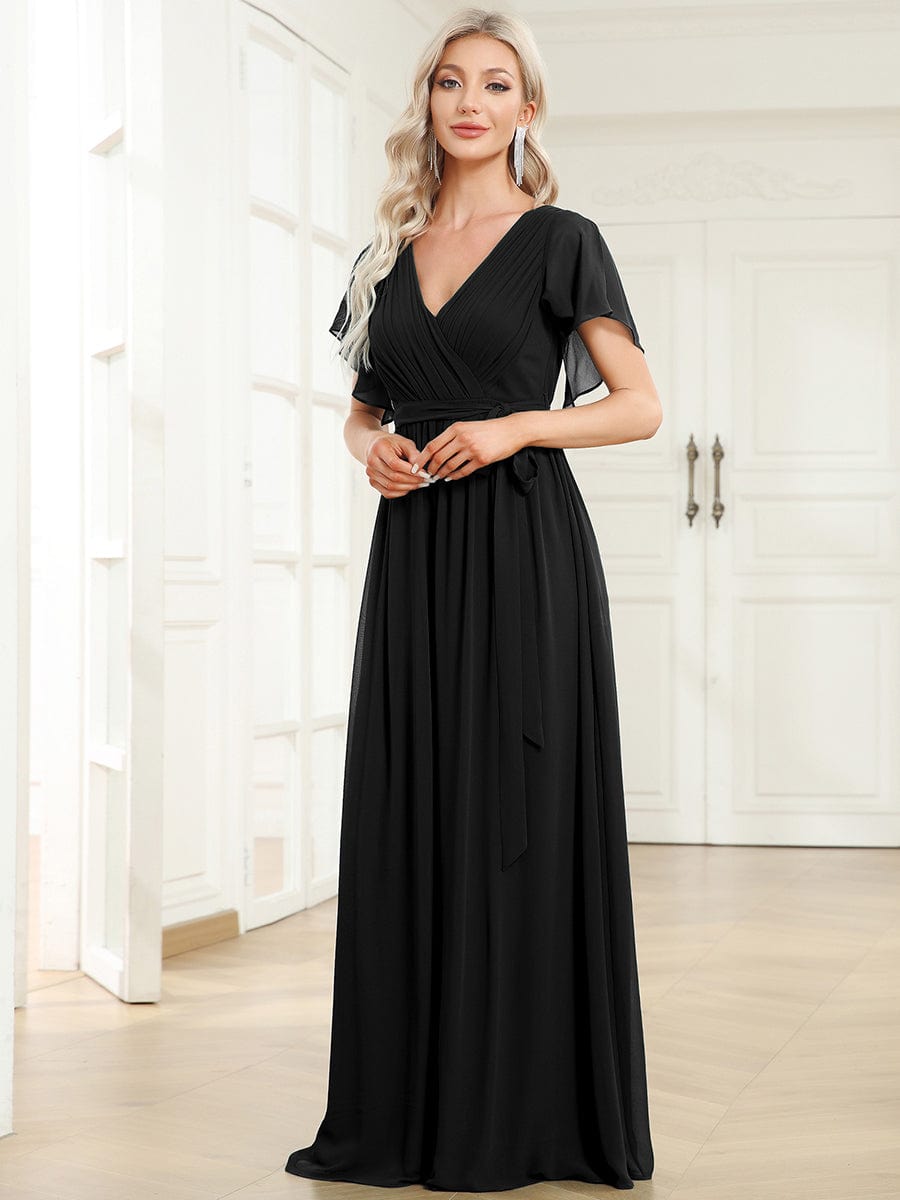 A-Line Pleated Chiffon Tie-Waist Evening Dress #color_Black