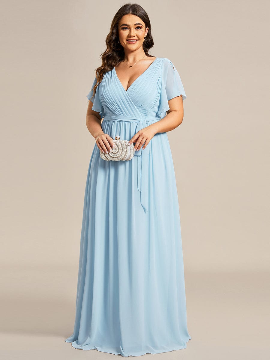Plus Size Ruffle Pleated Chiffon Tie-Waist Evening Dress #color_Sky Blue