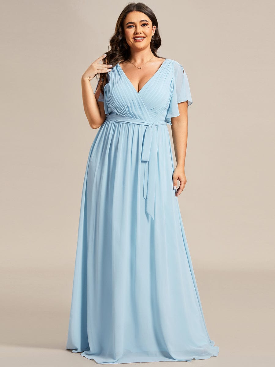 Plus Size Ruffle Pleated Chiffon Tie-Waist Evening Dress #color_Sky Blue