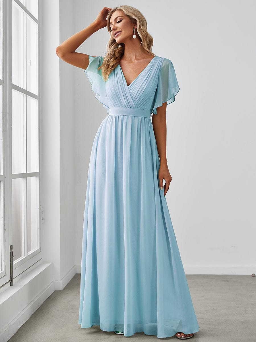 A-Line Pleated Chiffon Tie-Waist Evening Dress #color_Sky Blue