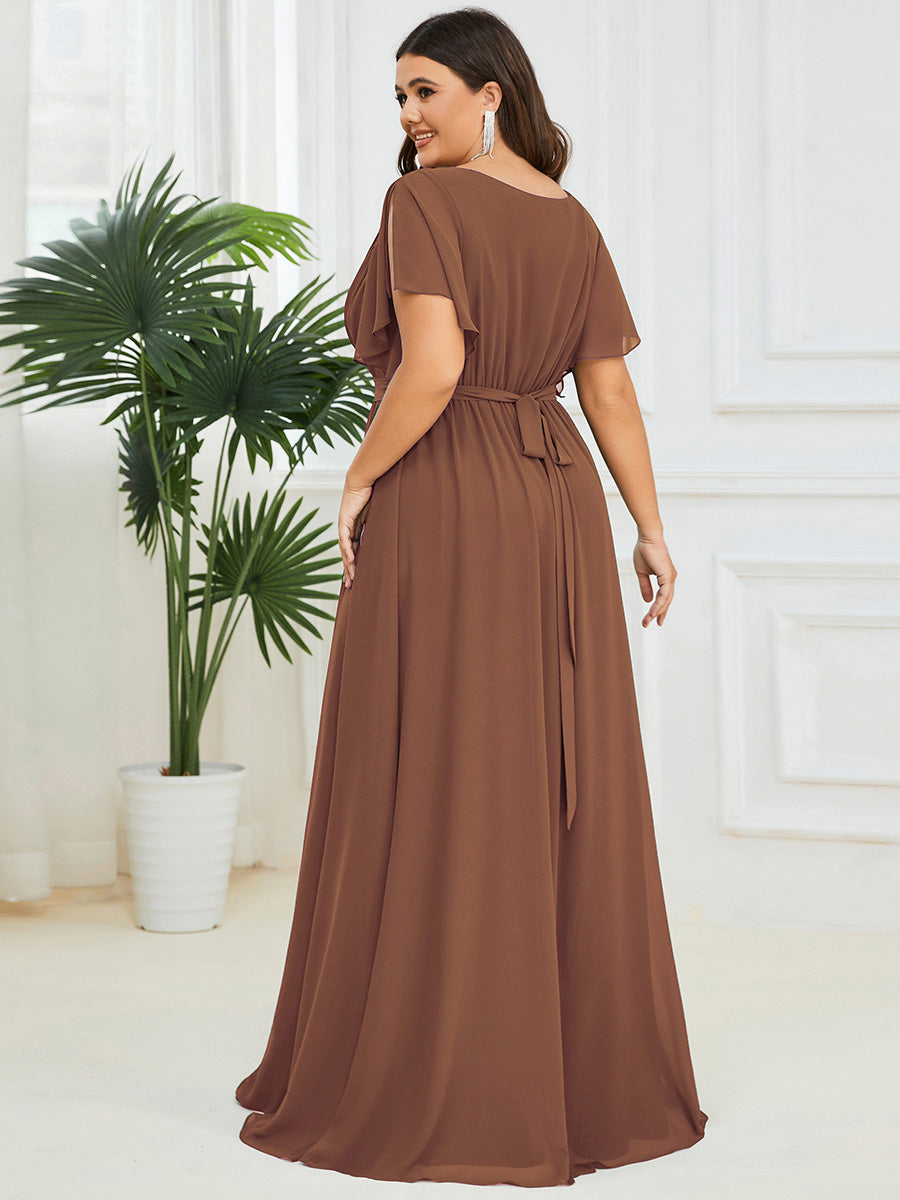 A-Line Pleated Chiffon Tie-Waist Evening Dress #color_Brown