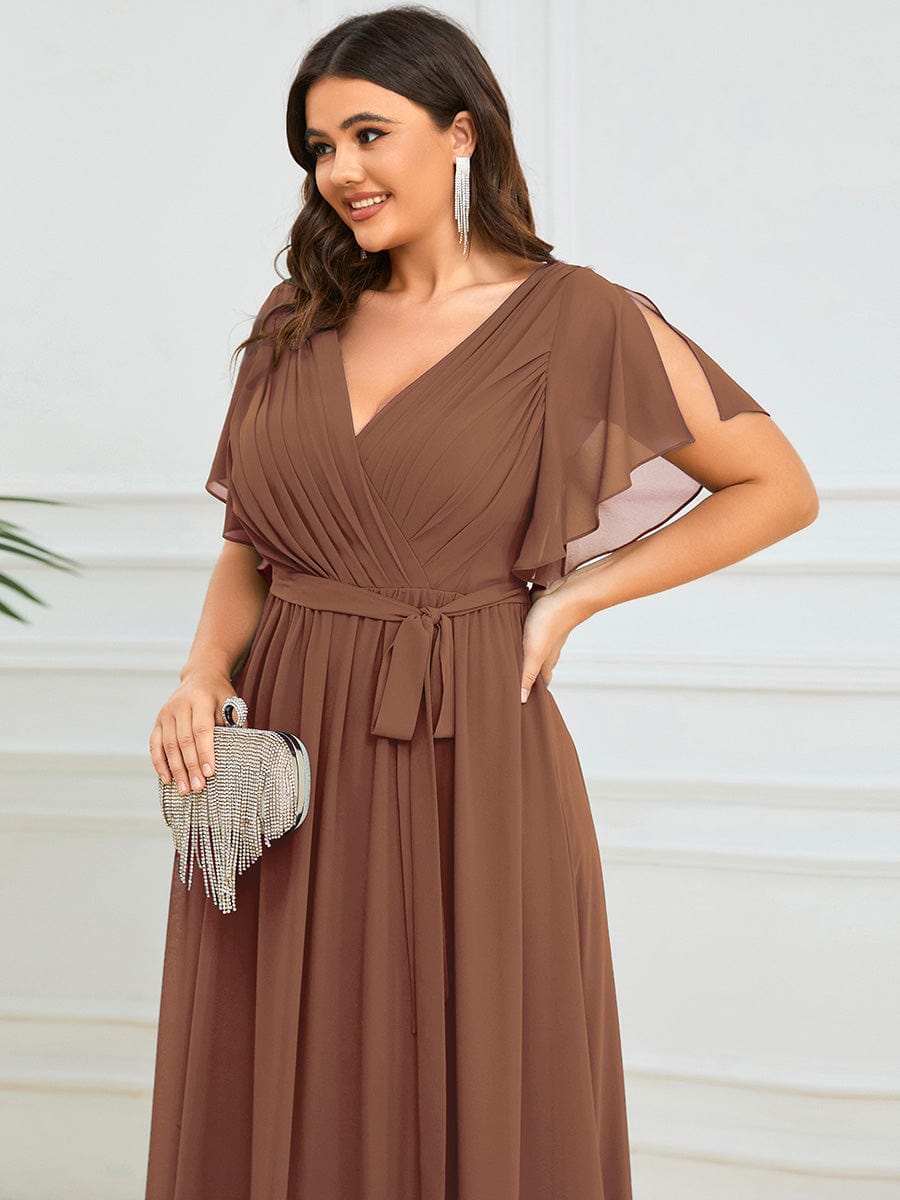 A-Line Pleated Chiffon Tie-Waist Evening Dress #color_Brown