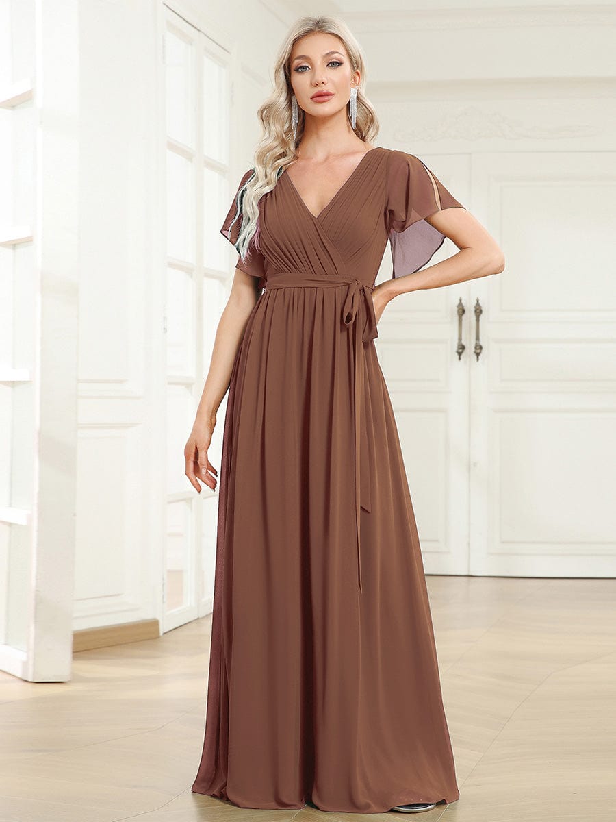 Custom Size Tie-Waist Pleated A-line Evening Dress #color_Brown