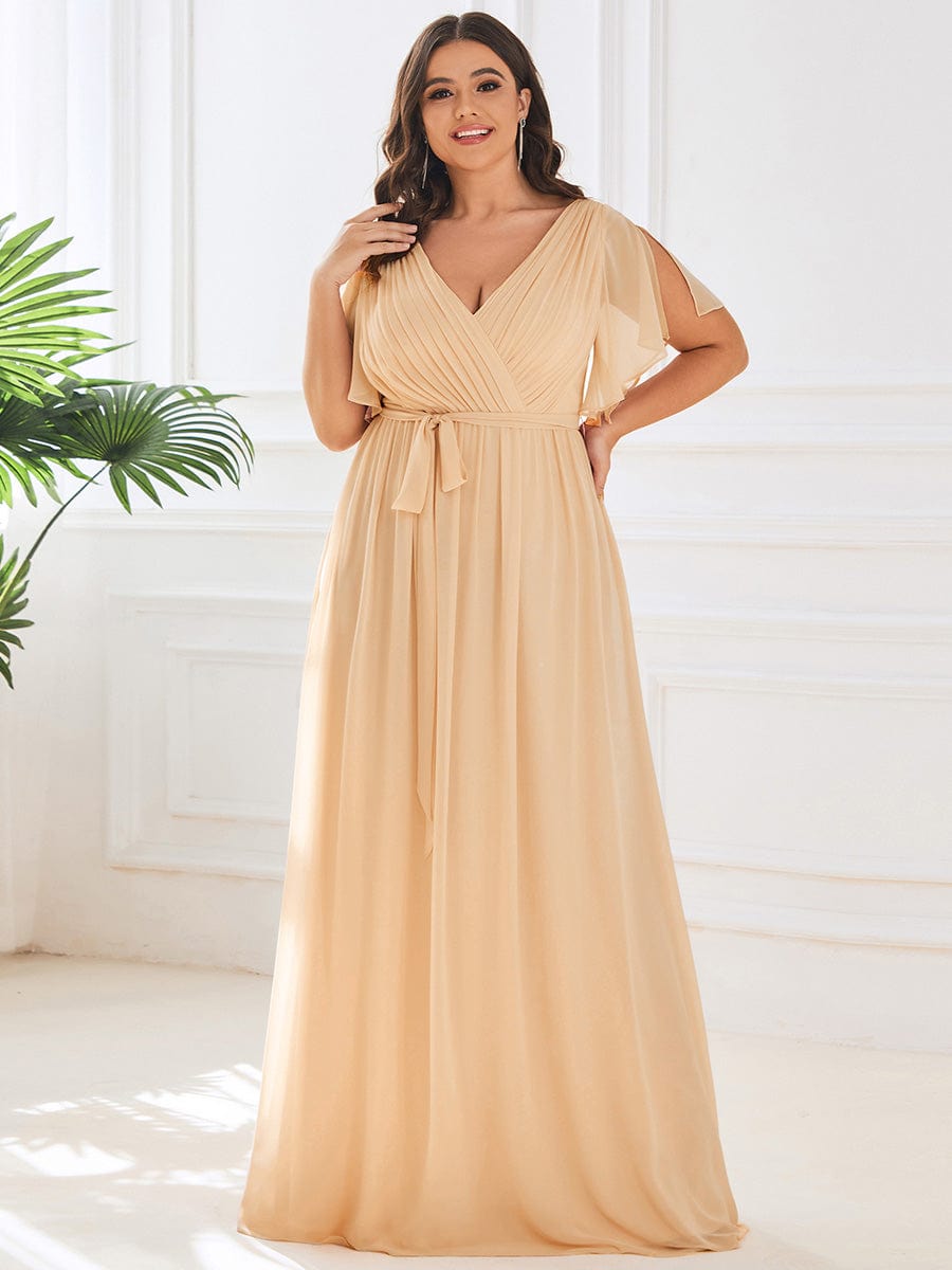 A-Line Pleated Chiffon Tie-Waist Evening Dress #color_Champagne