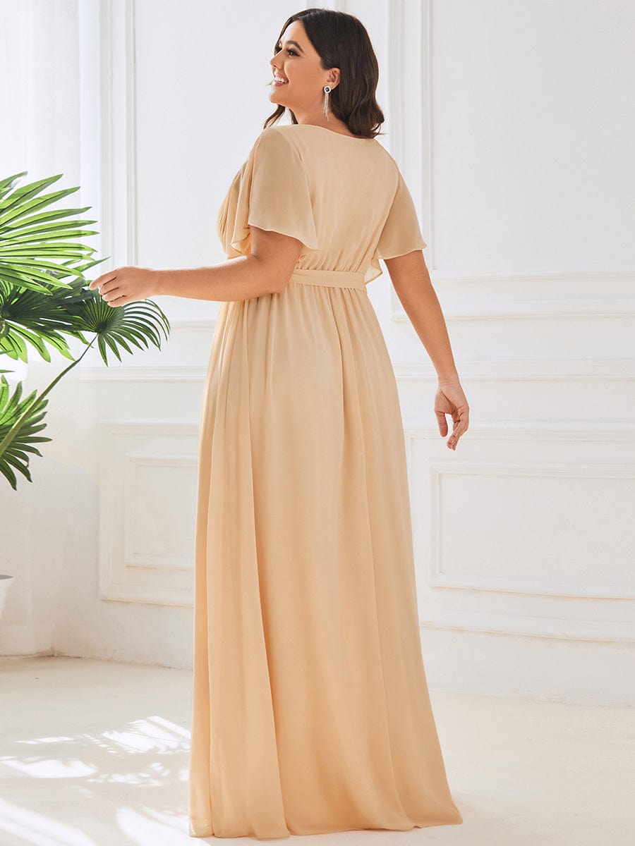 Plus Size Ruffle Pleated Chiffon Tie-Waist Evening Dress #color_Champagne