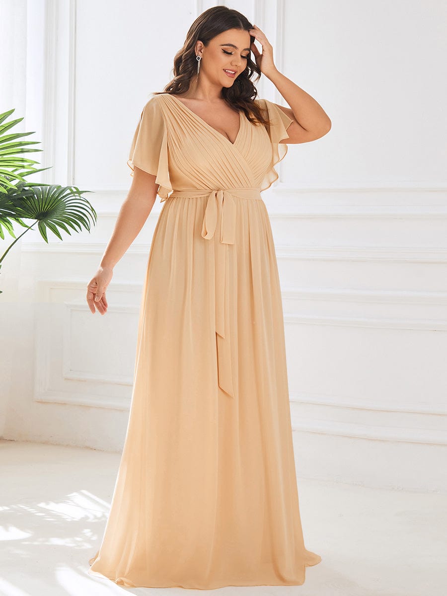 A-Line Pleated Chiffon Tie-Waist Evening Dress #color_Champagne