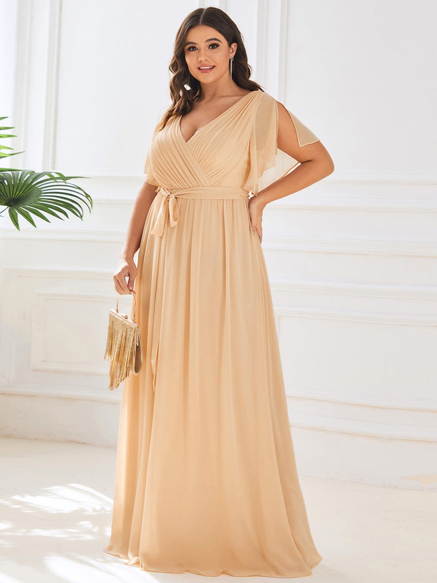 Plus Size Ruffle Pleated Chiffon Tie-Waist Evening Dress #color_Champagne