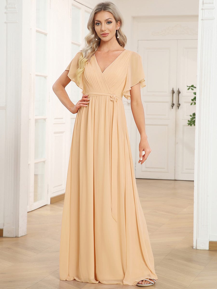 A-Line Pleated Chiffon Tie-Waist Evening Dress #color_Champagne