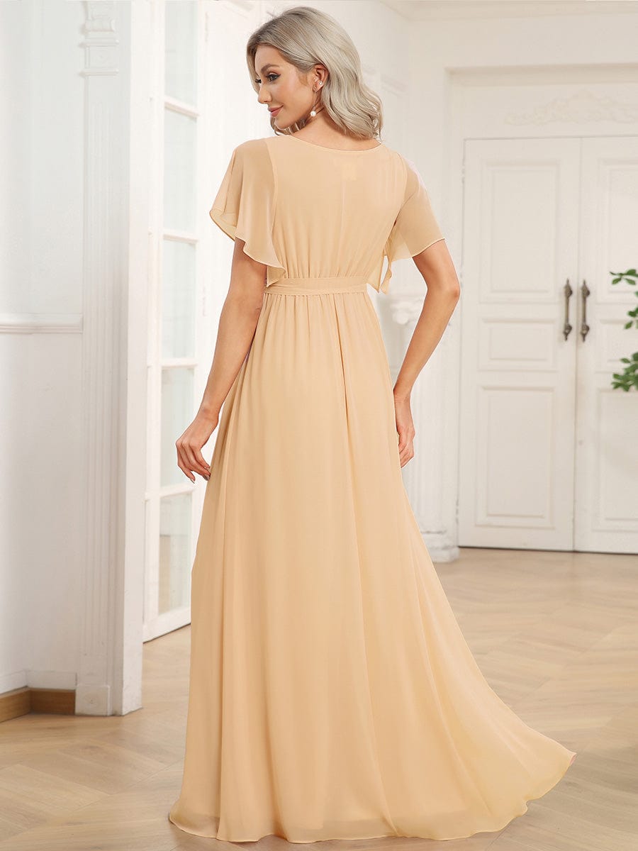 A-Line Pleated Chiffon Tie-Waist Evening Dress #color_Champagne