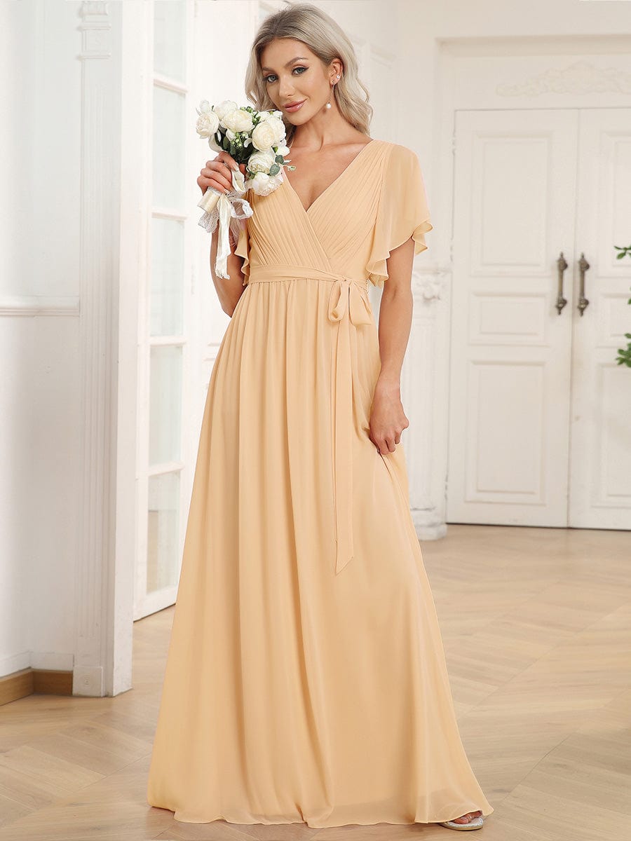 A-Line Pleated Chiffon Tie-Waist Evening Dress #color_Champagne