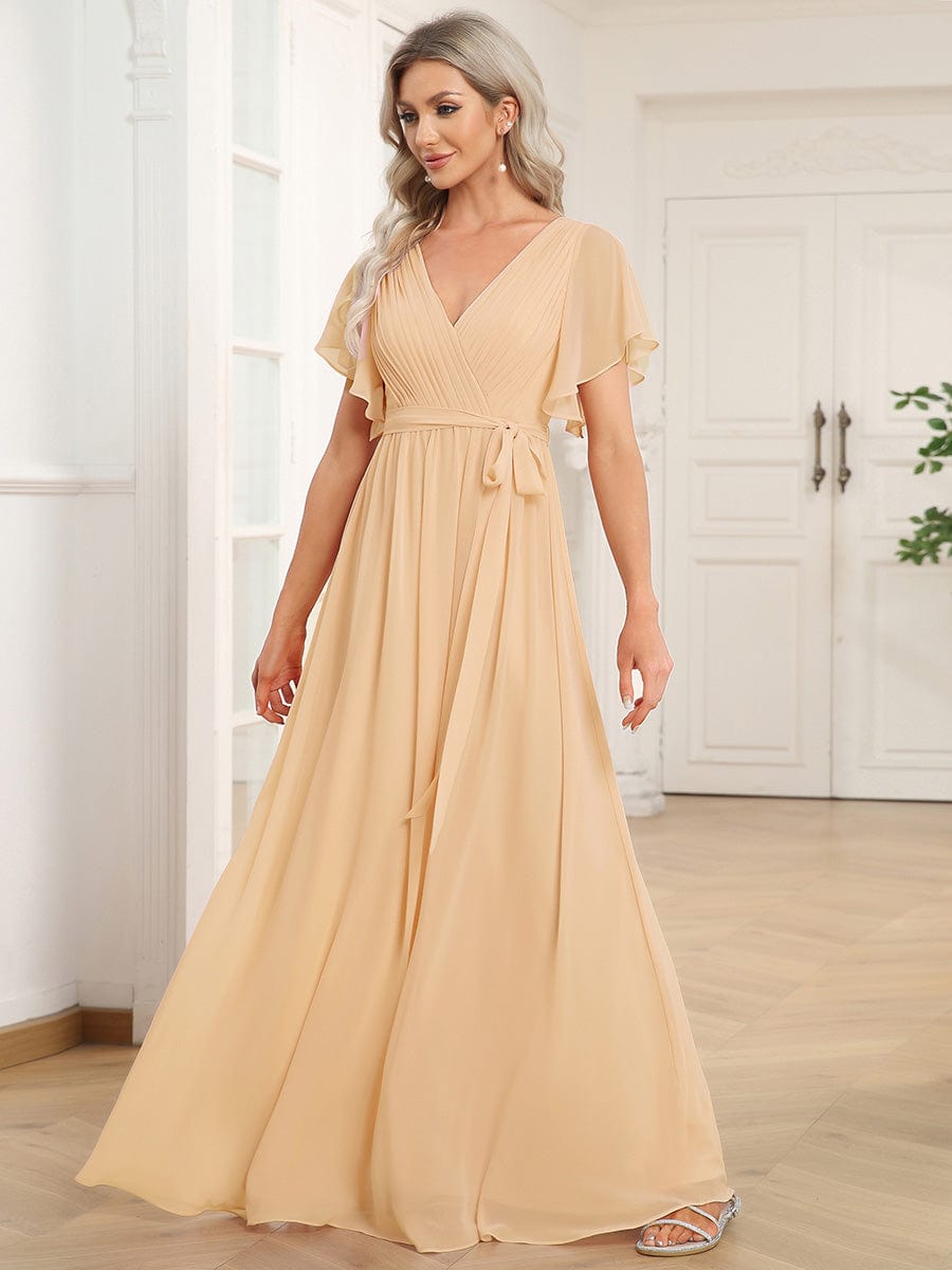 A-Line Pleated Chiffon Tie-Waist Evening Dress #color_Champagne