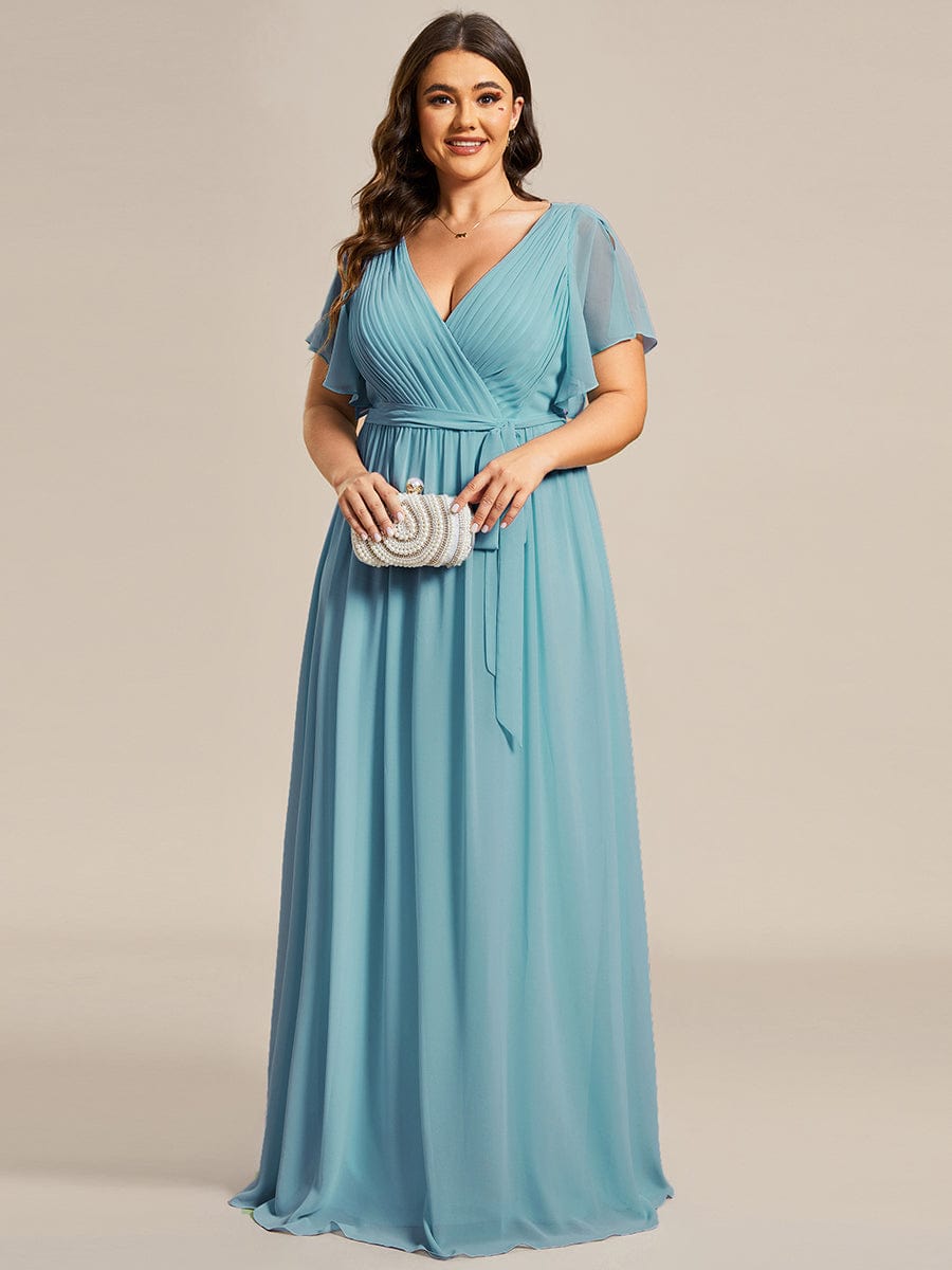 Plus Size Ruffle Pleated Chiffon Tie-Waist Evening Dress #color_Dusty Blue