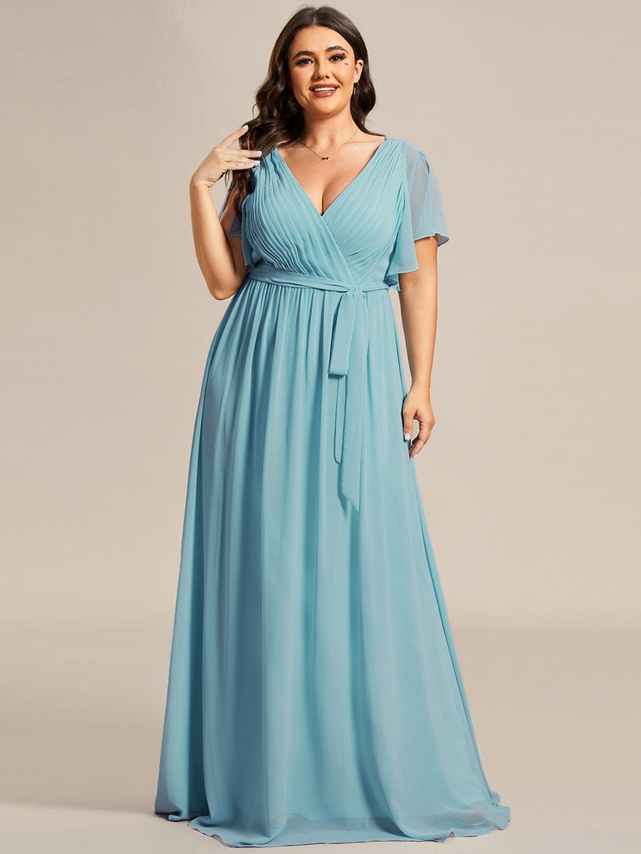 A-Line Pleated Chiffon Tie-Waist Evening Dress #color_Light Teal