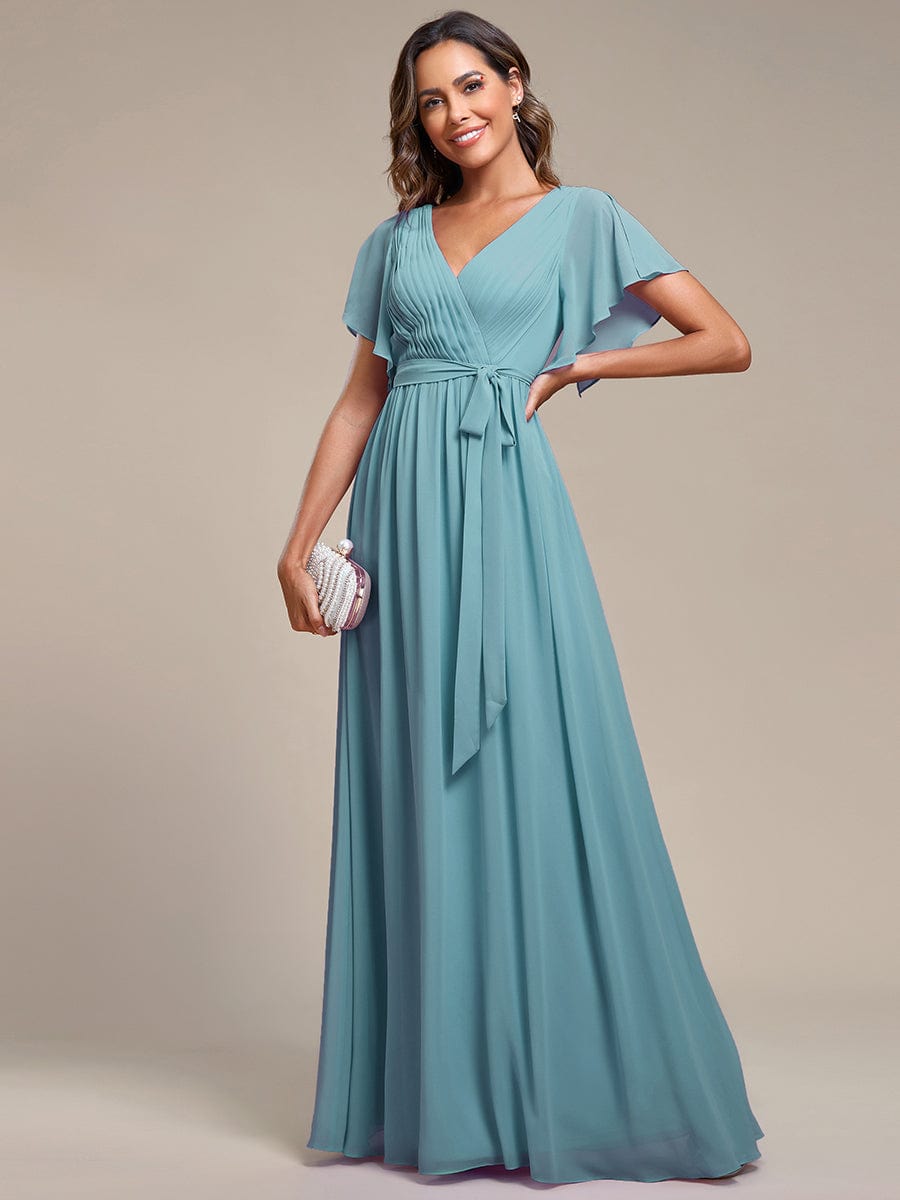 A-Line Pleated Chiffon Tie-Waist Evening Dress #color_Dusty Blue