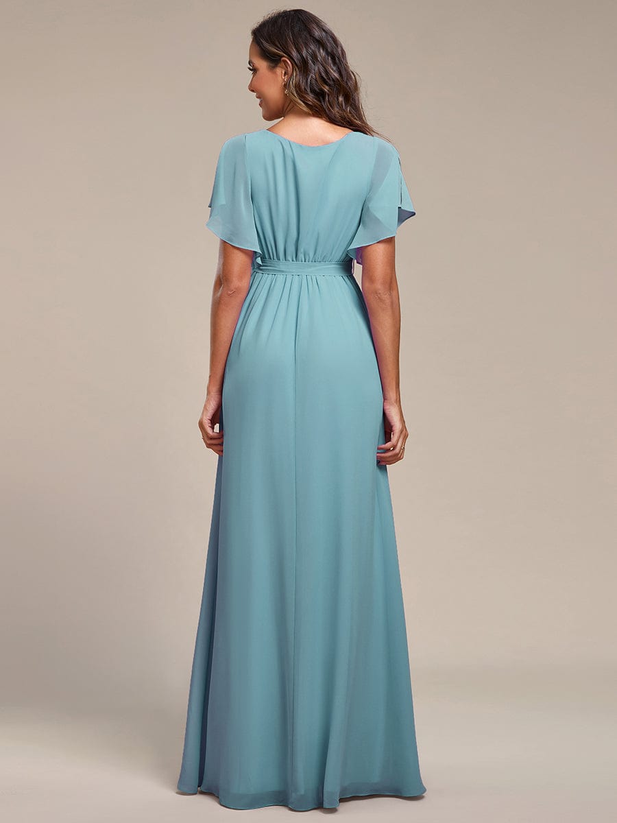 A-Line Pleated Chiffon Tie-Waist Evening Dress #color_Dusty Blue