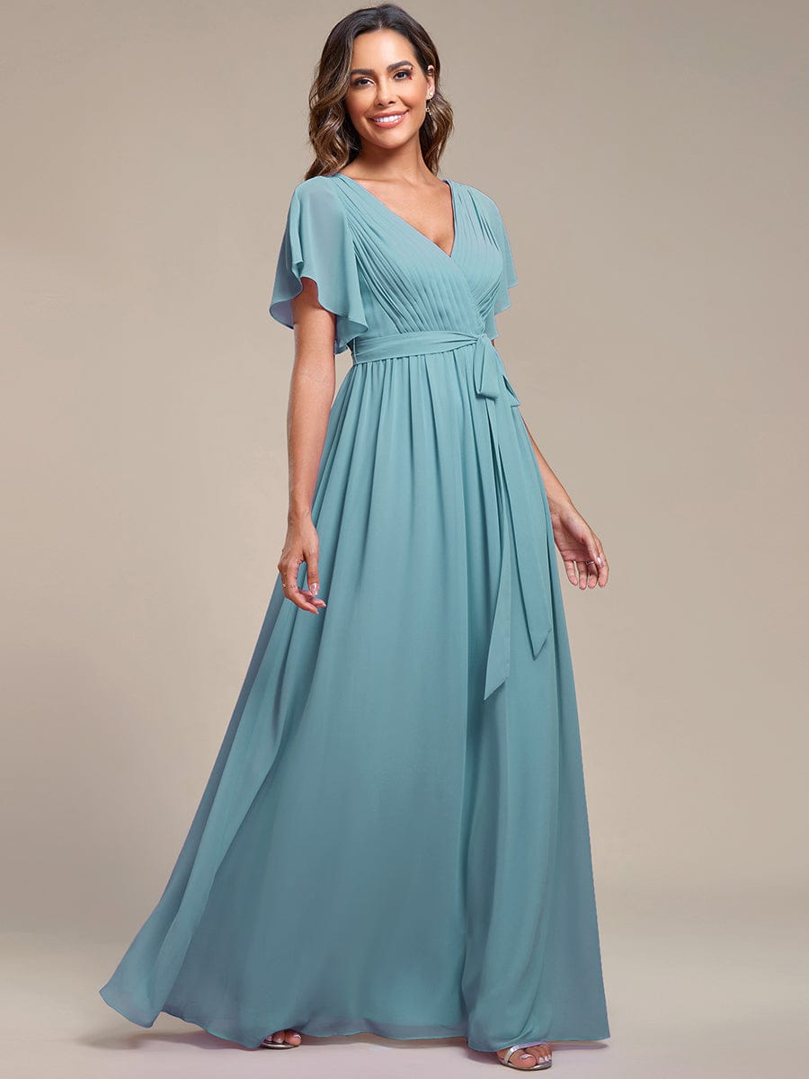 A-Line Pleated Chiffon Tie-Waist Evening Dress #color_Dusty Blue