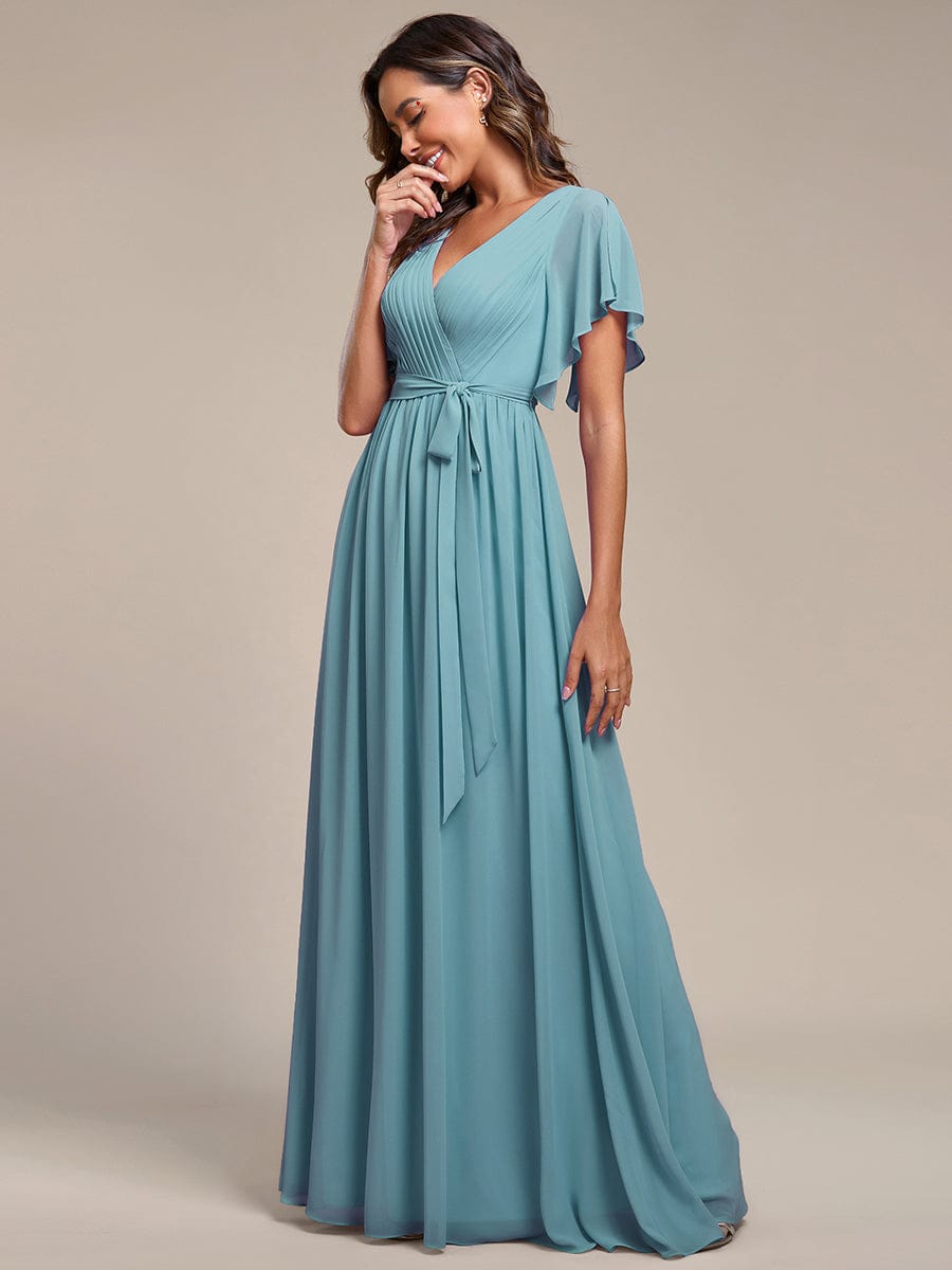 A-Line Pleated Chiffon Tie-Waist Evening Dress #color_Dusty Blue