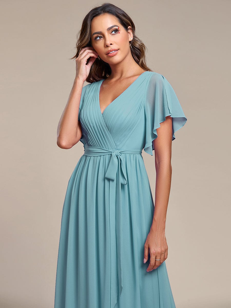 A-Line Pleated Chiffon Tie-Waist Evening Dress #color_Dusty Blue