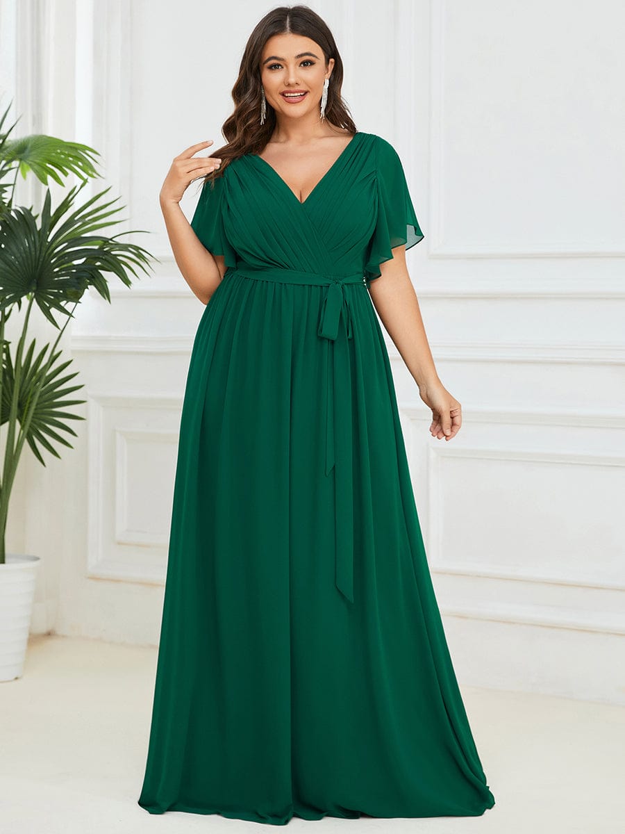 A-Line Pleated Chiffon Tie-Waist Evening Dress #color_Dark Green