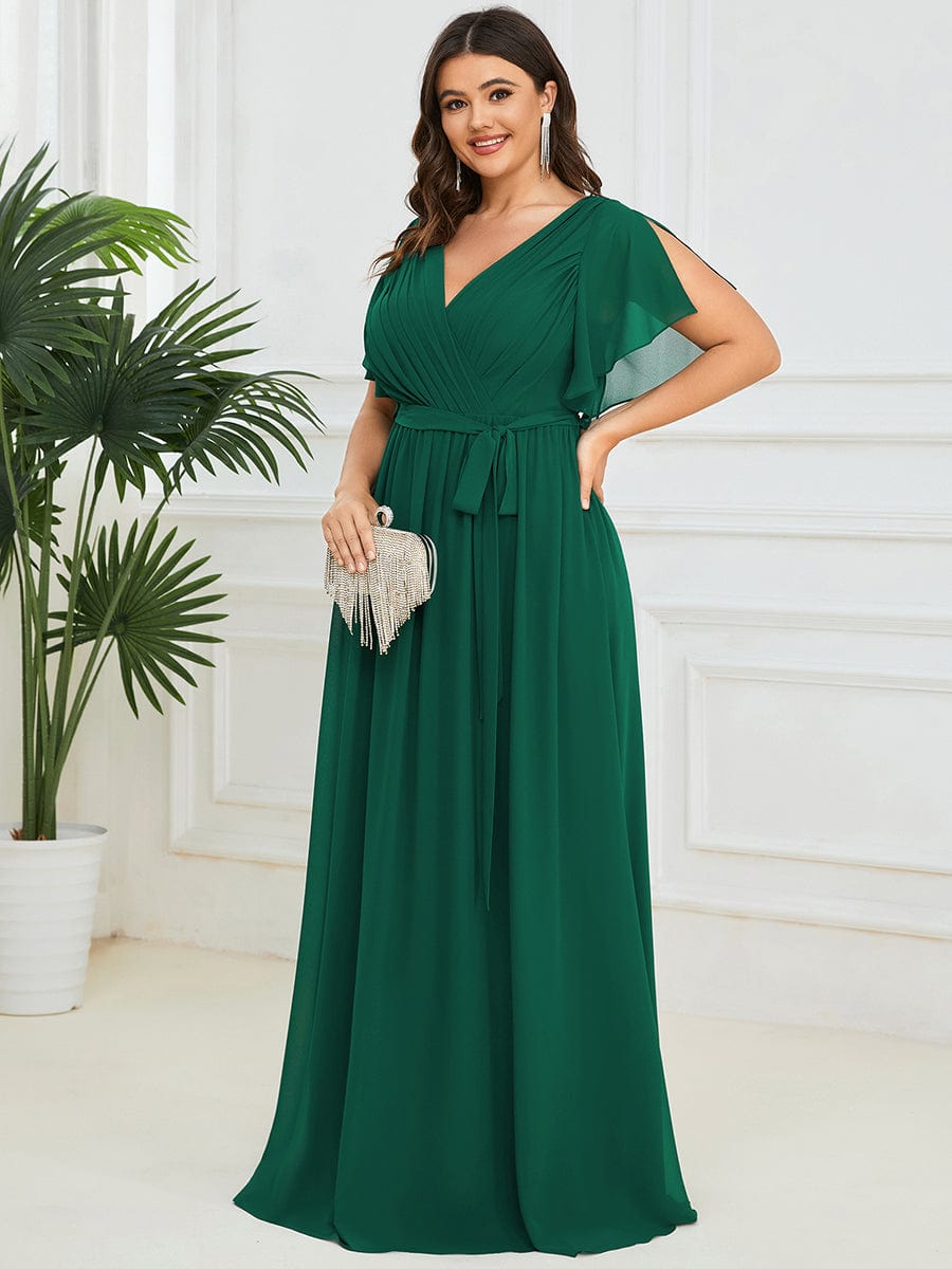 Plus Size Ruffle Pleated Chiffon Tie-Waist Evening Dress #color_Dark Green
