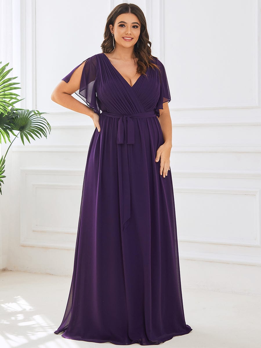 Plus Size Ruffle Pleated Chiffon Tie-Waist Evening Dress #color_Dark Purple
