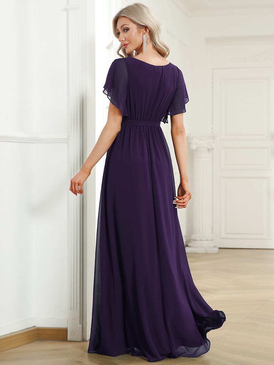 A-Line Pleated Chiffon Tie-Waist Evening Dress #color_Dark Purple