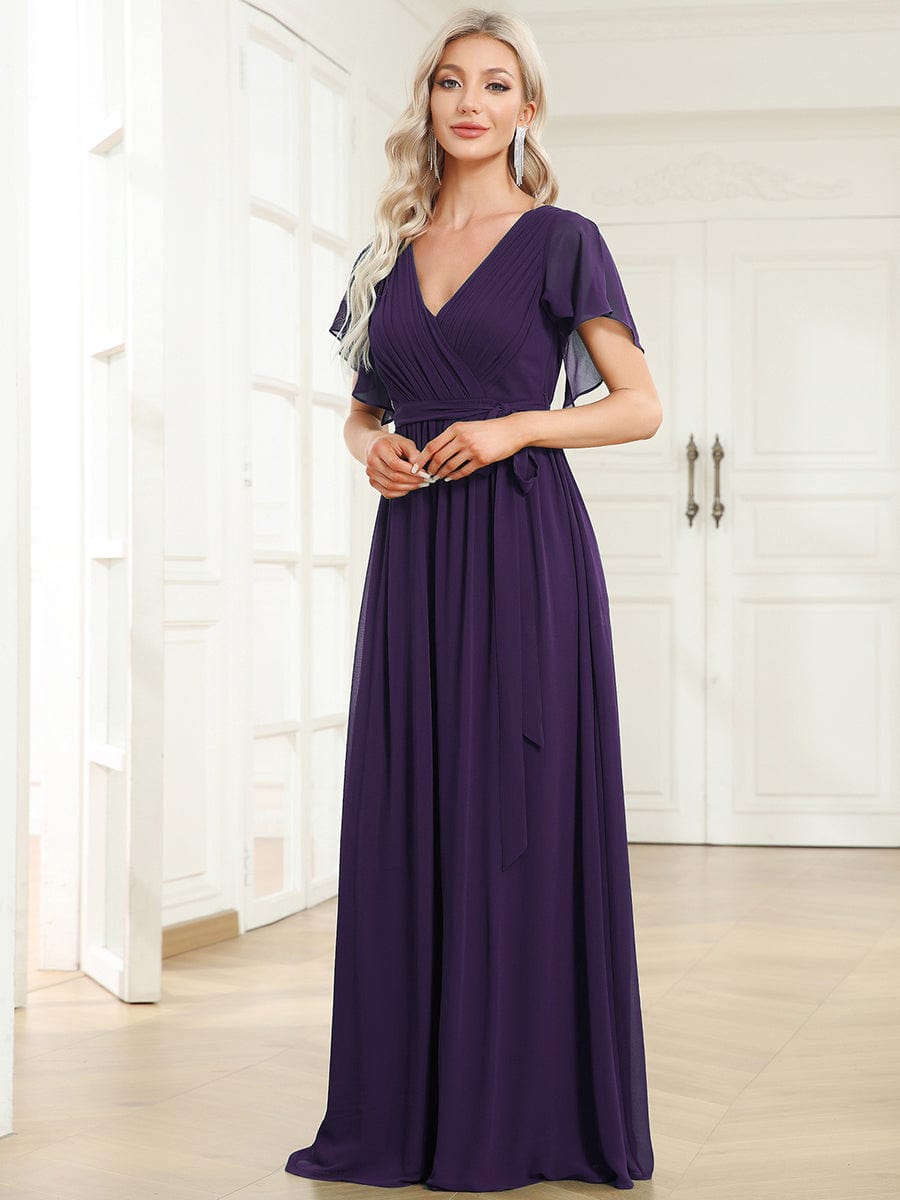 A-Line Pleated Chiffon Tie-Waist Evening Dress #color_Dark Purple