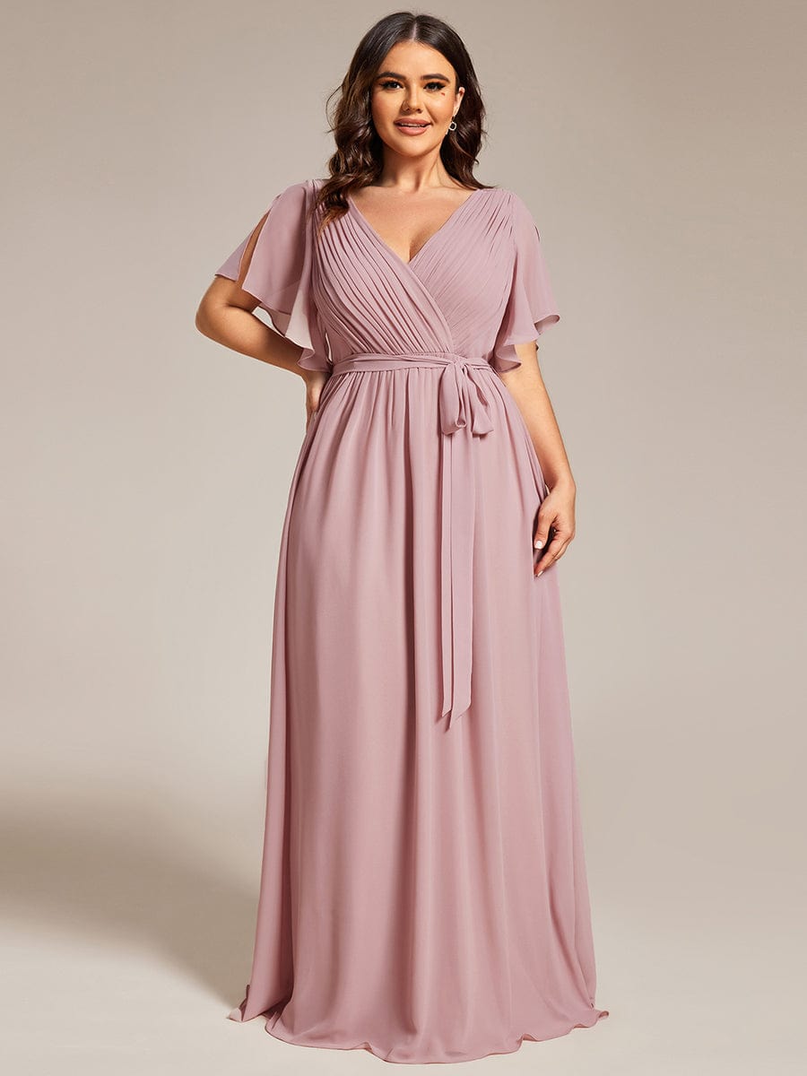 Plus Size Ruffle Pleated Chiffon Tie-Waist Evening Dress #color_Dusty Rose