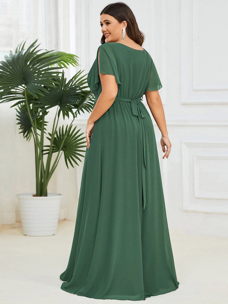 Plus Size Ruffle Pleated Chiffon Tie-Waist Evening Dress #color_Eucalyptus