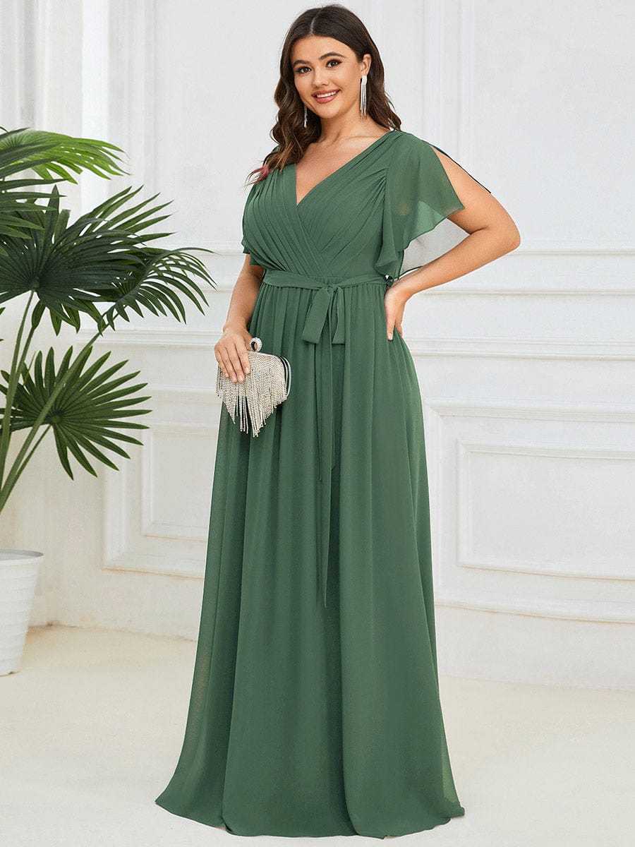 Plus Size Ruffle Pleated Chiffon Tie-Waist Evening Dress #color_Eucalyptus