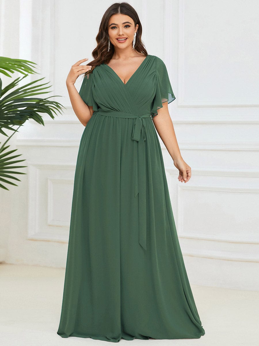 Plus Size Ruffle Pleated Chiffon Tie-Waist Evening Dress #color_Eucalyptus