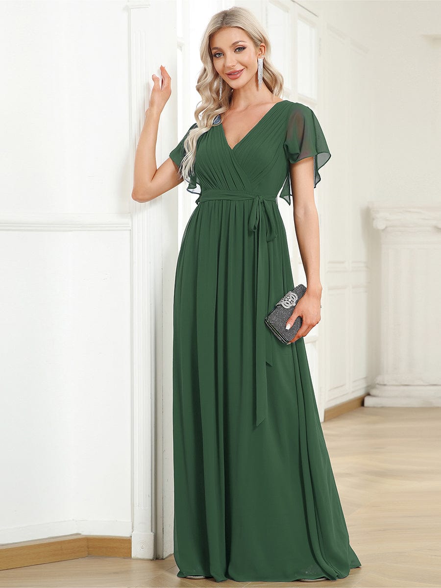 A-Line Pleated Chiffon Tie-Waist Evening Dress #color_Eucalyptus