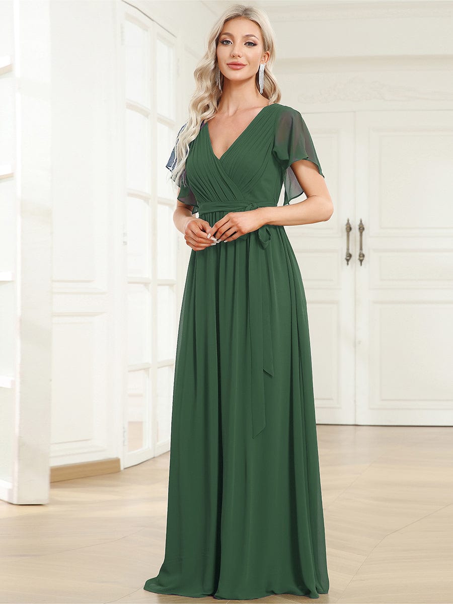 A-Line Pleated Chiffon Tie-Waist Evening Dress #color_Eucalyptus