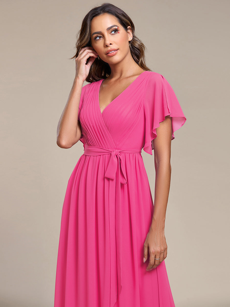 A-Line Pleated Chiffon Tie-Waist Bridesmaid Dress #color_Hot Pink