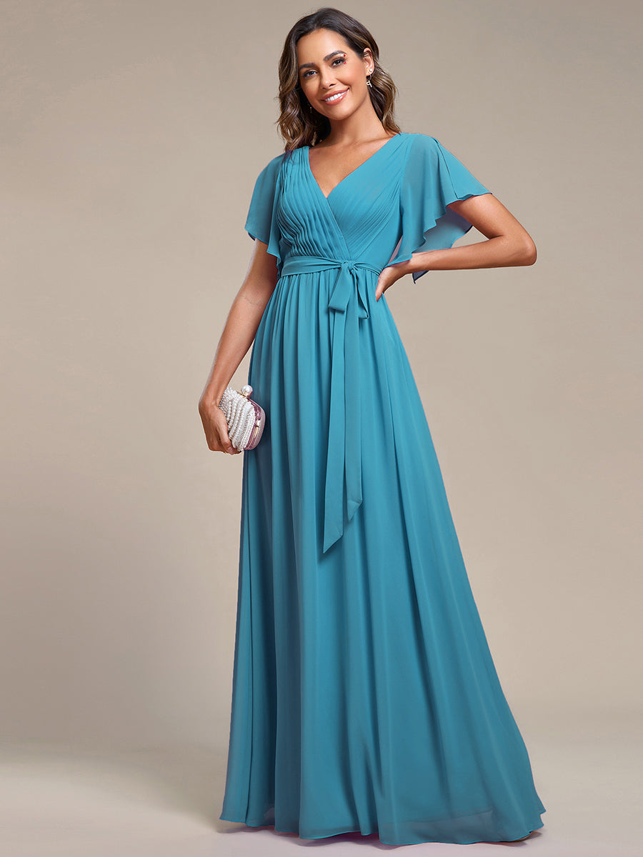 A-Line Pleated Chiffon Tie-Waist Bridesmaid Dress #color_Jade Blue