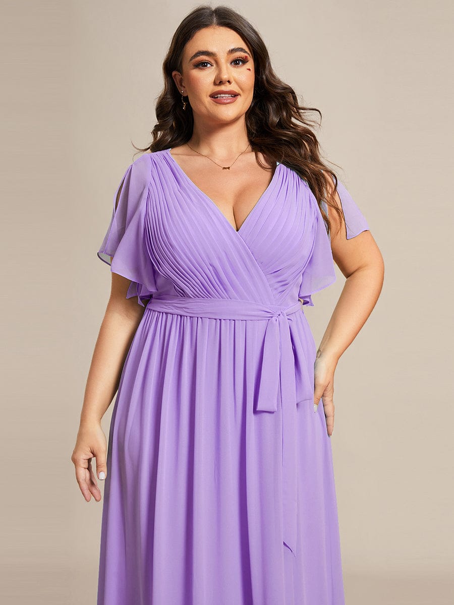 A-Line Pleated Chiffon Tie-Waist Evening Dress #color_Lavender