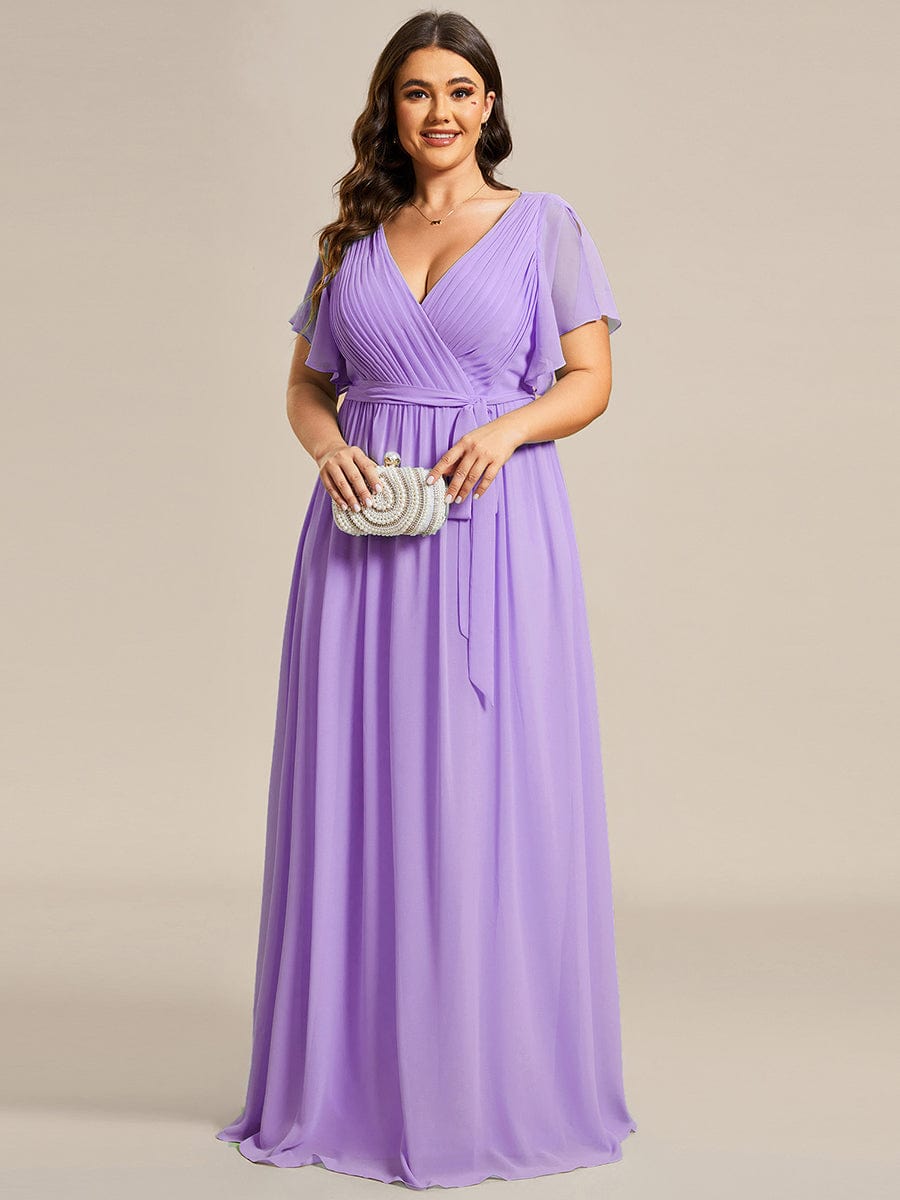 A-Line Pleated Chiffon Tie-Waist Evening Dress #color_Lavender