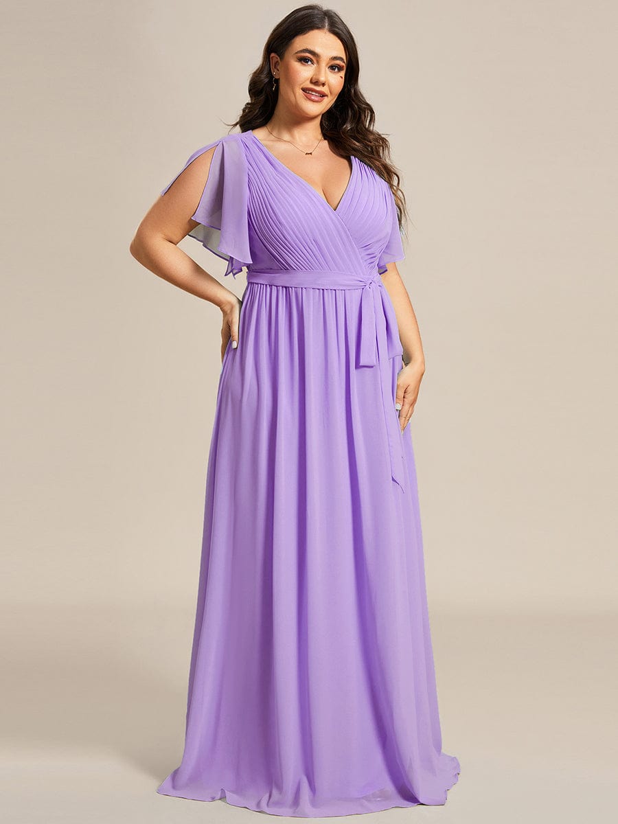 Plus Size Ruffle Pleated Chiffon Tie-Waist Evening Dress #color_Lavender