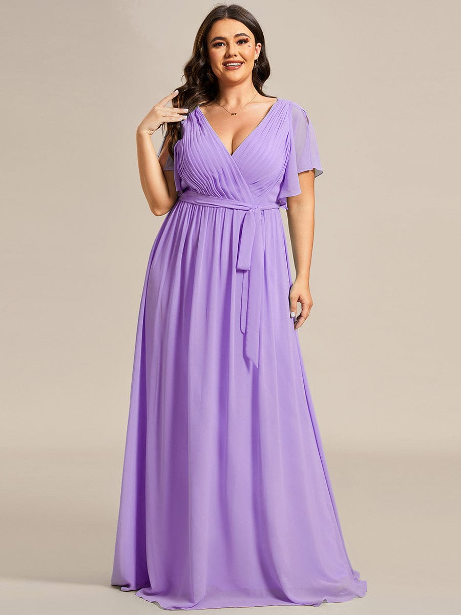 Plus Size Ruffle Pleated Chiffon Tie-Waist Evening Dress #color_Lavender