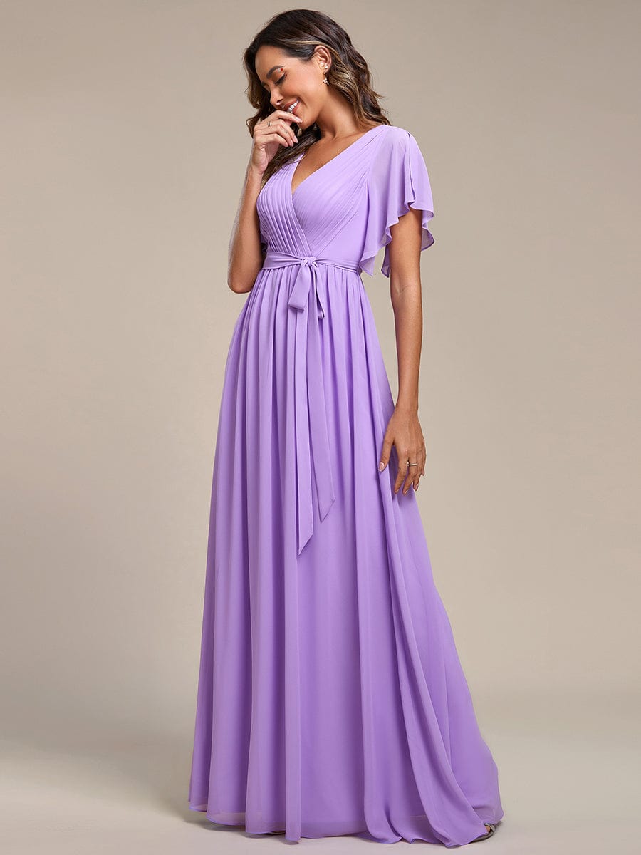 A-Line Pleated Chiffon Tie-Waist Evening Dress #color_Lavender