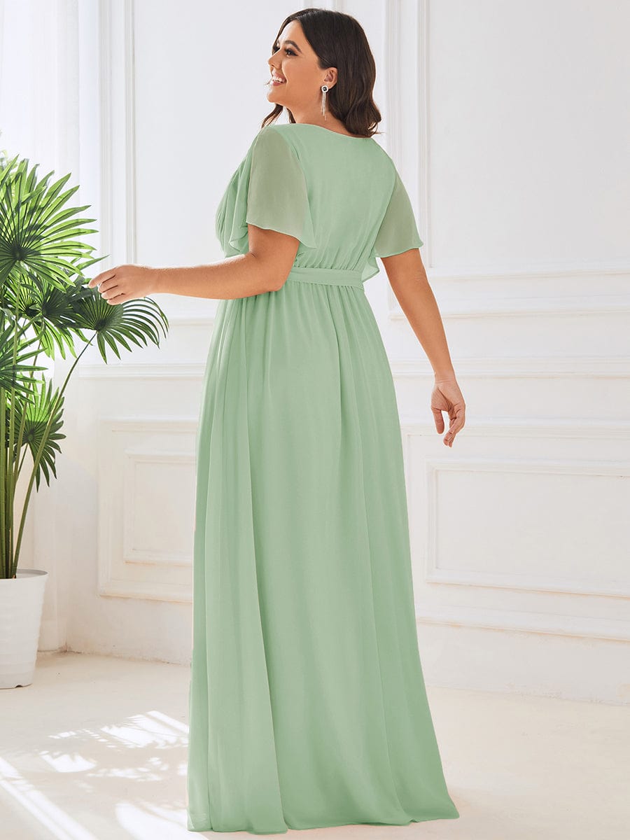 Plus Size Ruffle Pleated Chiffon Tie-Waist Evening Dress #color_Mint Green