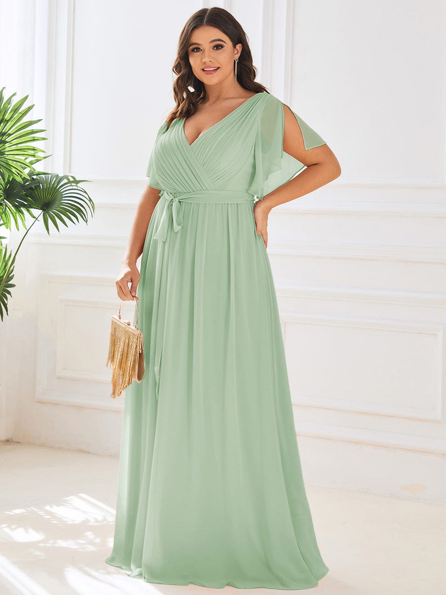 Plus Size Ruffle Pleated Chiffon Tie-Waist Evening Dress #color_Mint Green