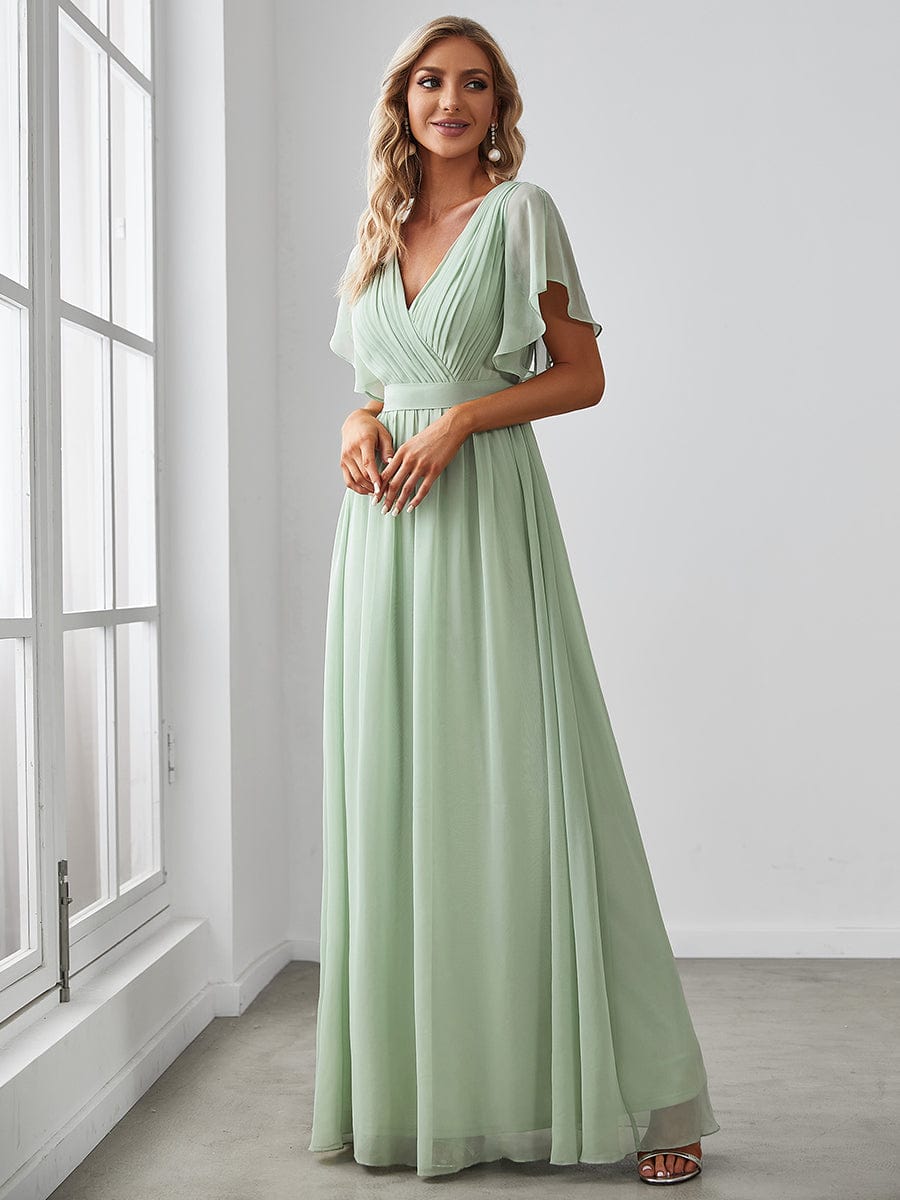 A-Line Pleated Chiffon Tie-Waist Evening Dress #color_Mint Green