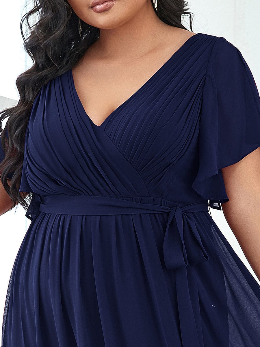 Plus Size Ruffle Pleated Chiffon Tie-Waist Evening Dress #color_Navy Blue